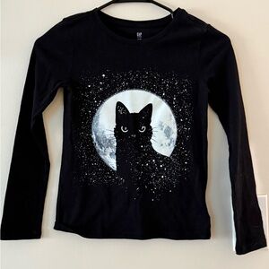 {Gap Kids}-Size: M(8)-Long Sleeve Black Cat and Moon Tshirt
